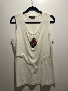 Dolce & Gabbana Cream Tank Top with Red Embellished Crest